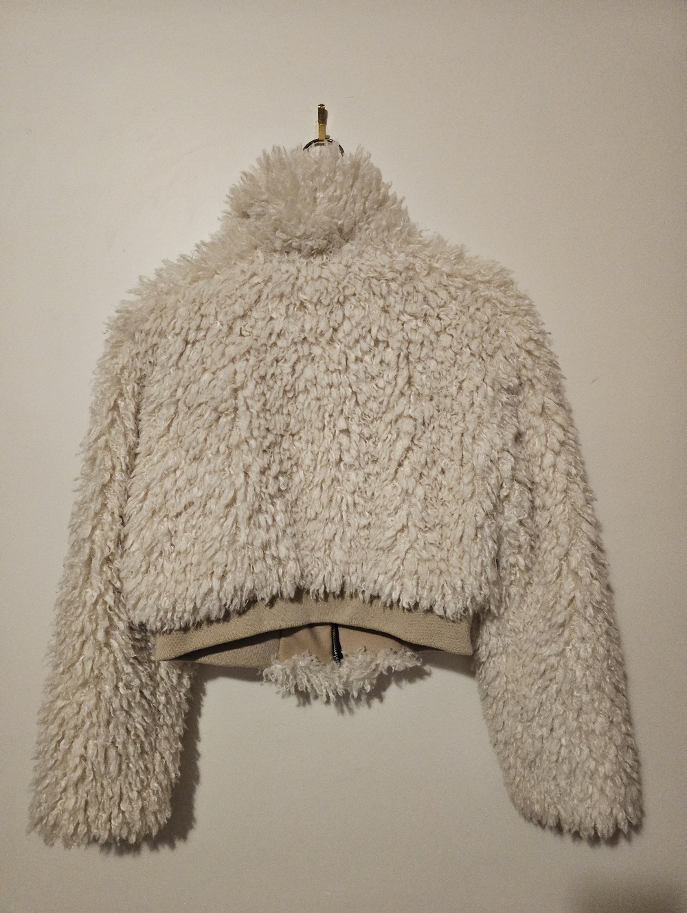 SHACI Cream Shaggy Faux Fur Cropped Bomber Jacket - Ring Zip - Size S - Picture 5 of 7